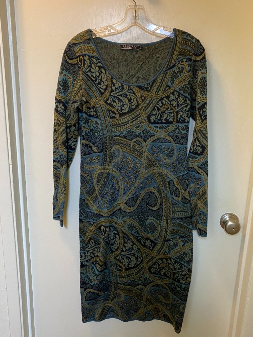 Peruvian Connection Pima Cotton Sweater Dress Small Blue Paisley Knit